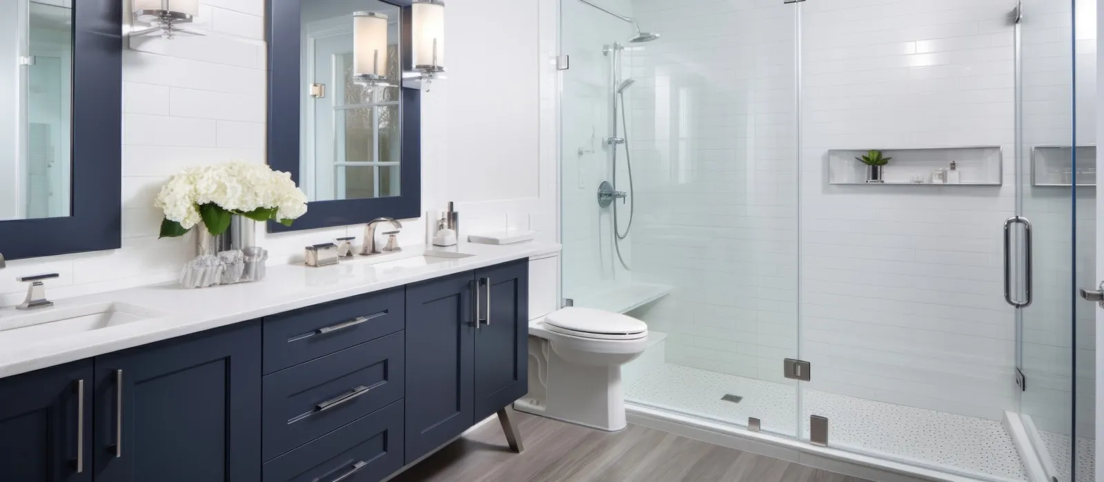 Bathroom with a navy double vanity and a glass walk-in shower with white subway tile and a penny-tile floor