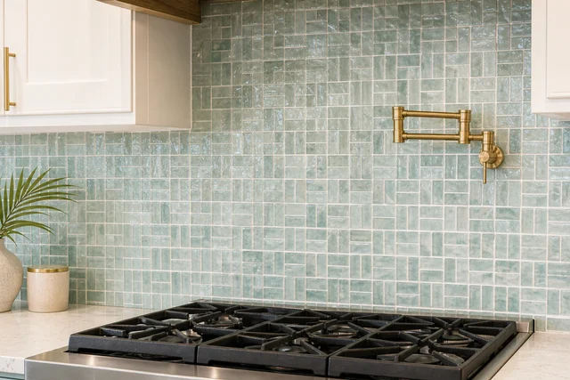 Sea-green glazed tile backsplash with a brass pot filler over the range