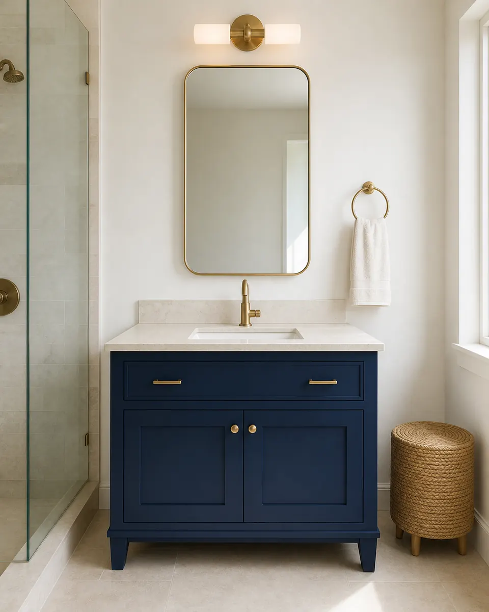 Deep navy bathroom vanity with pale quartz top, brass faucet, and brass-framed mirror