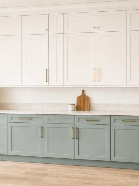 White upper and seafoam lower custom cabinets with brass hardware