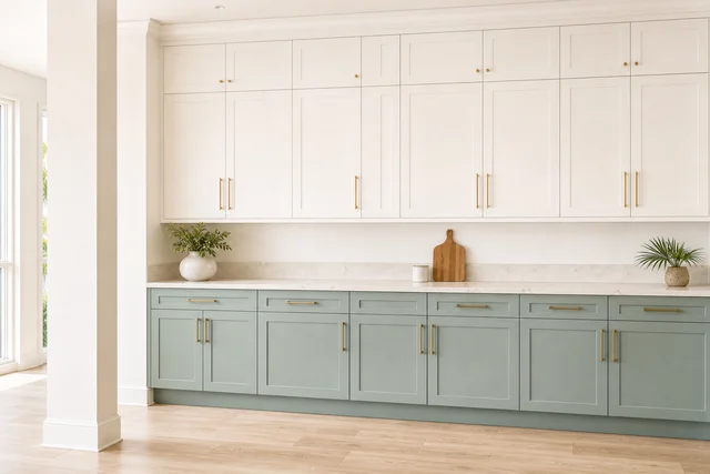 White upper and seafoam lower custom cabinets with brass hardware