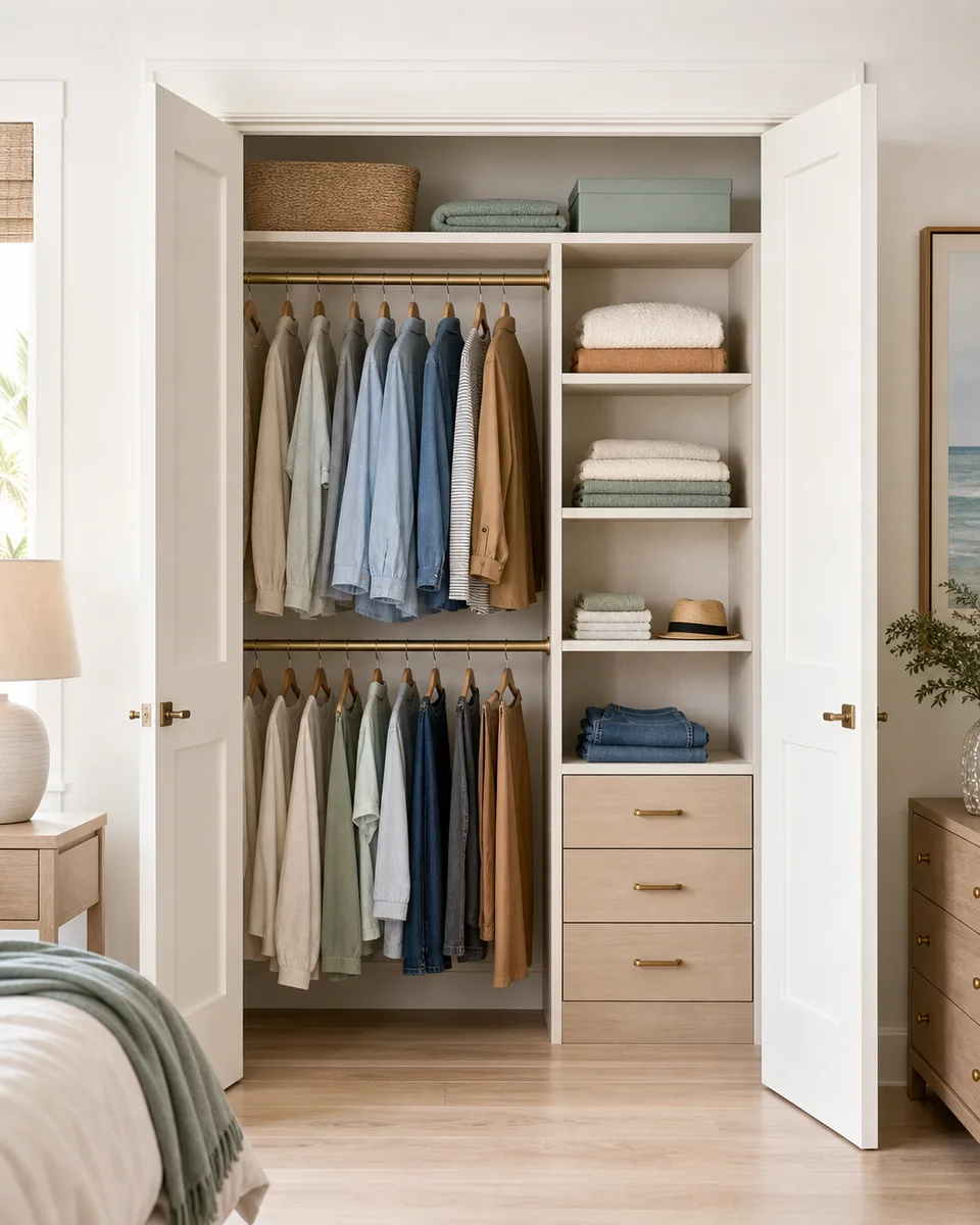 Reach-in closet with double-hang and drawers Reach-in closet with doors open showing double-hang rods, shelving, and drawers