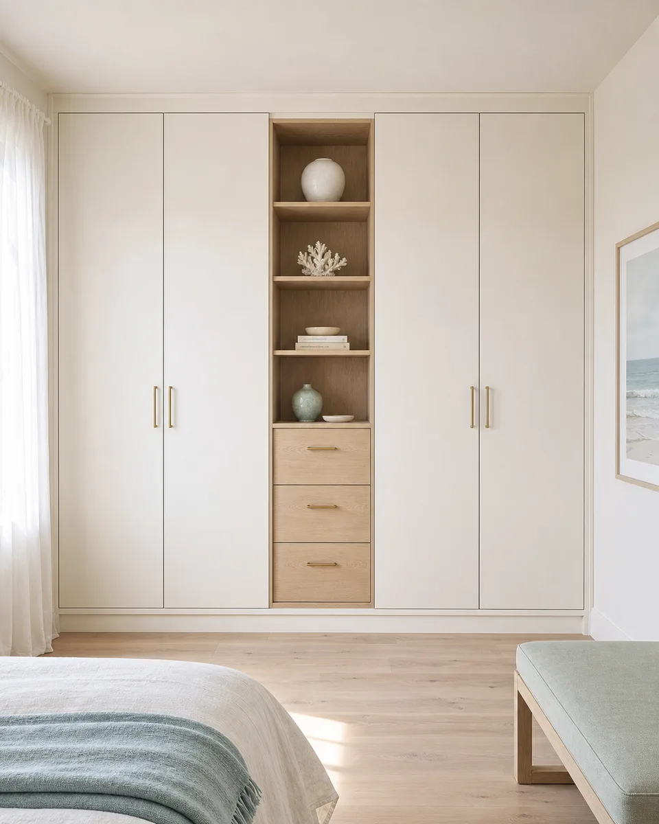 Built-in wardrobe wall system Built-in wardrobe wall system with light oak drawers and open shelving beside a bed