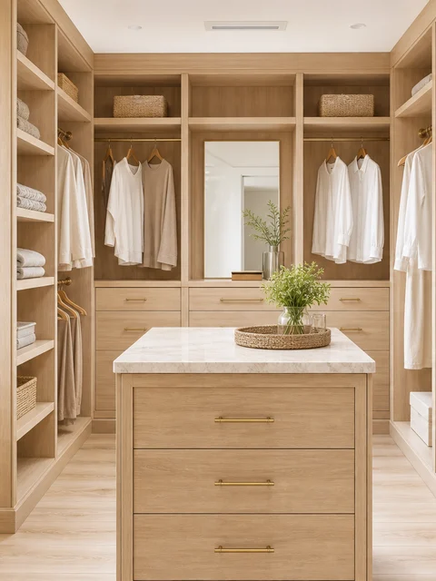 Custom walk-in closet with light wood shelving and a center island