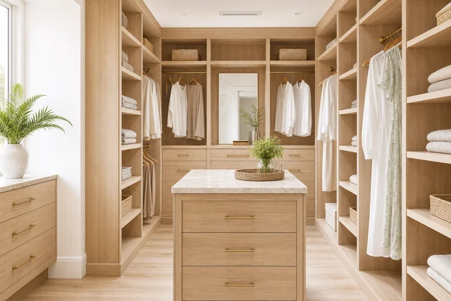 Custom walk-in closet with light wood shelving and a center island