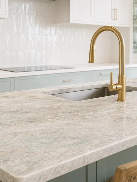 Quartzite island countertop with brass faucet over seafoam cabinets