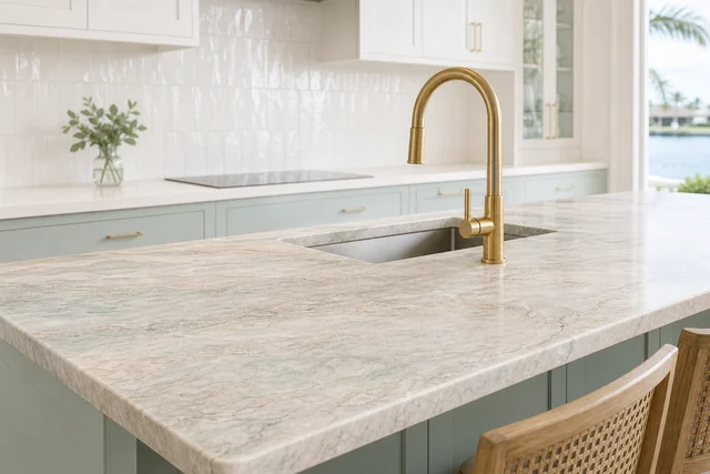 Veined stone countertop with a brass faucet over seafoam cabinetry