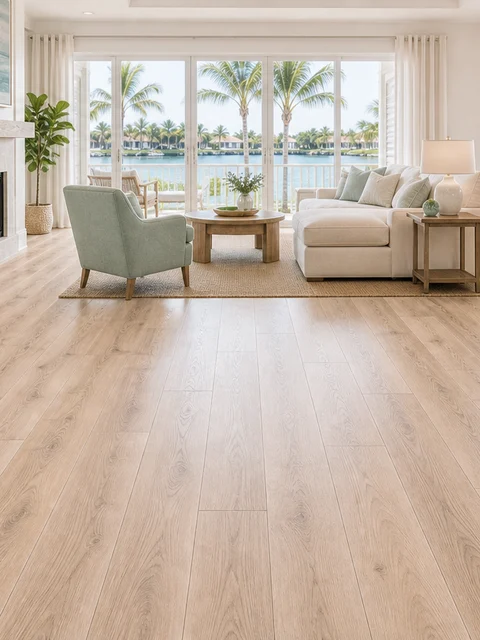 Wide-plank wood-look flooring through an open-plan coastal living space