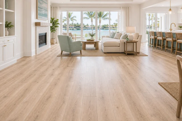 Wide-plank wood-look flooring through an open-plan coastal living space