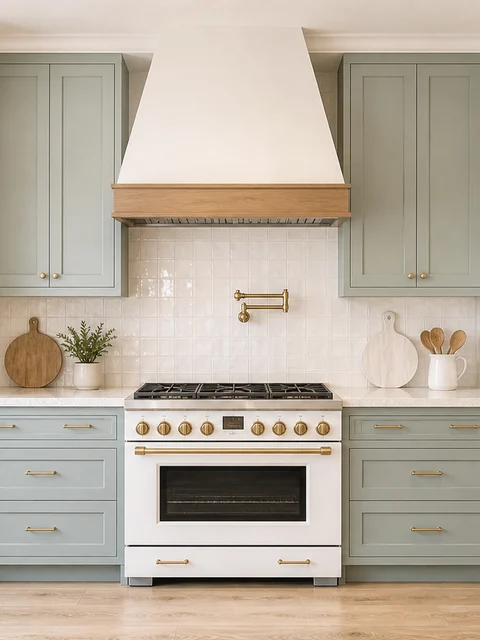 Designed kitchen with seafoam and white cabinetry and a plaster range hood