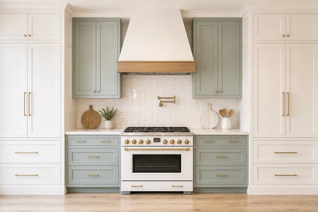 Designed kitchen with seafoam and white cabinetry and a plaster range hood