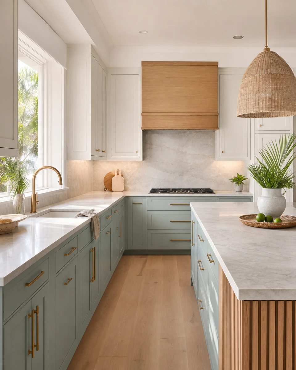 Remodeled coastal kitchen with seafoam island cabinetry, pale quartz, and brass pendants