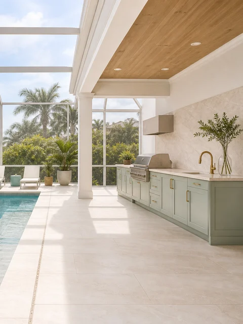 Covered outdoor kitchen with seafoam cabinets beside a screened pool