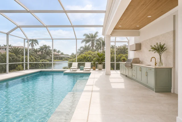 Covered outdoor kitchen with seafoam cabinets beside a screened pool