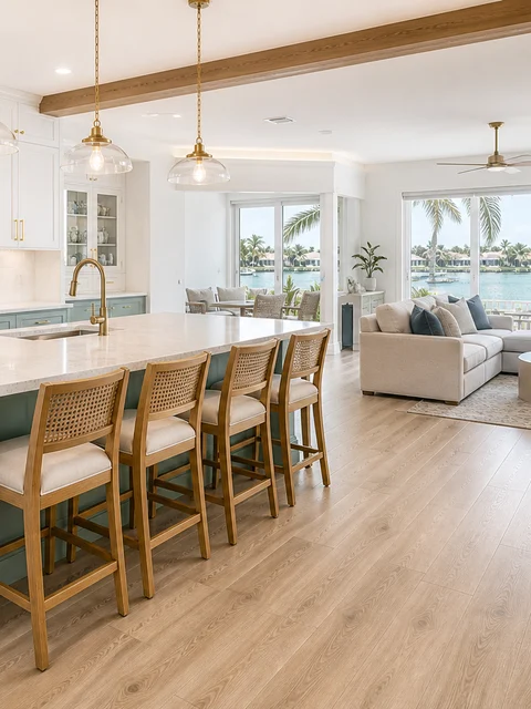 Open-plan remodeled kitchen and living space with a seafoam island and water view