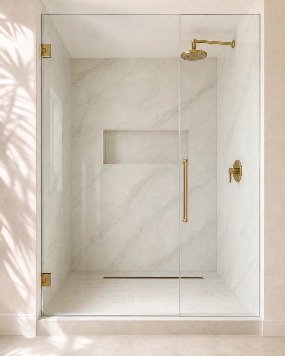 Walk-in shower with marble-look porcelain walls, frameless glass, and brushed-brass fixtures
