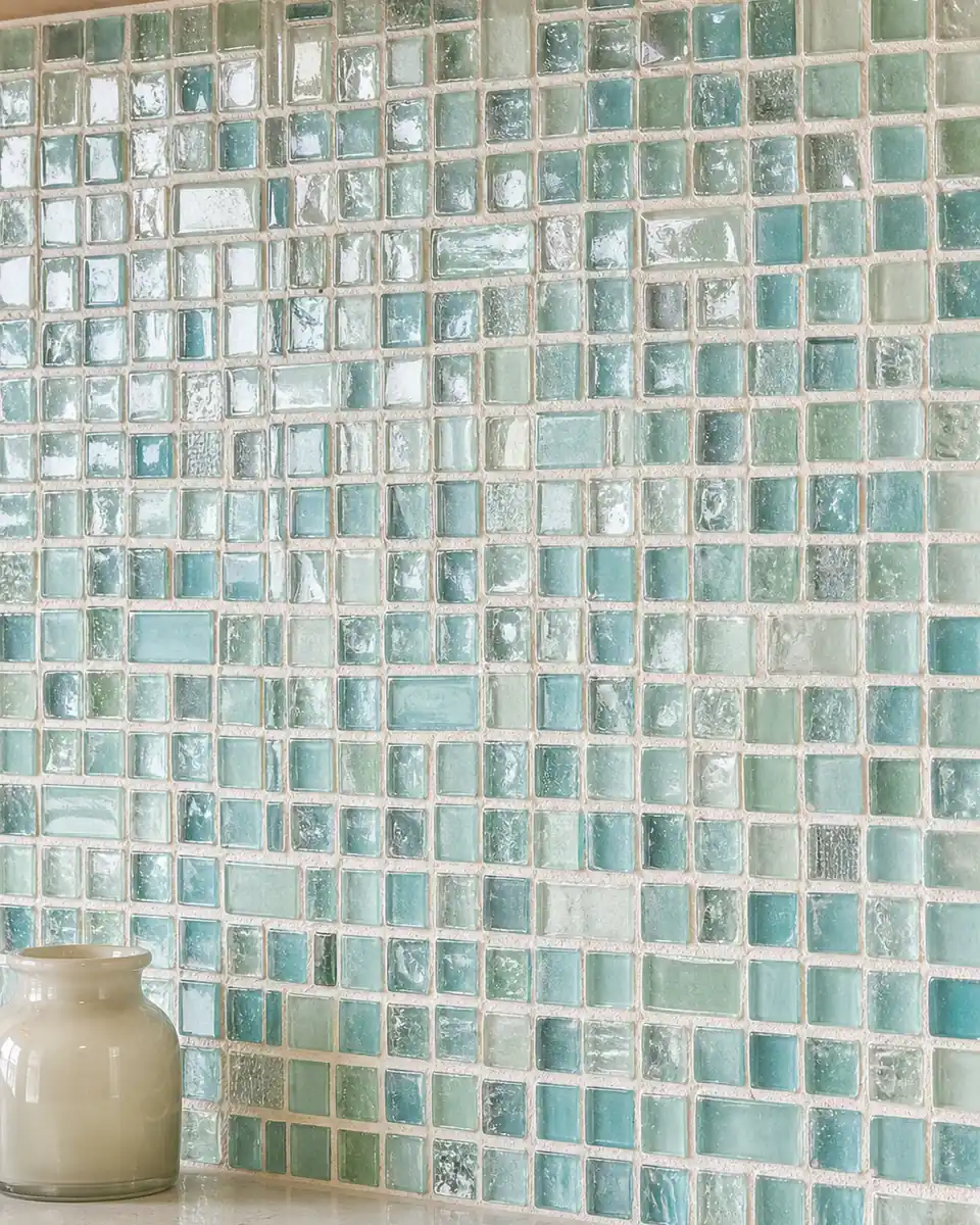 Sea-glass mosaic tile sheet in soft aqua tones, close detail
