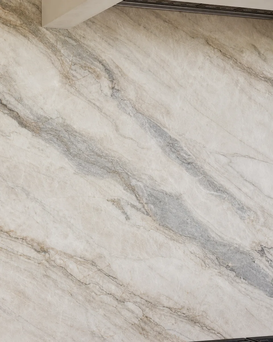 Full-height veined quartzite slab backsplash behind a range with brass fixtures, close detail