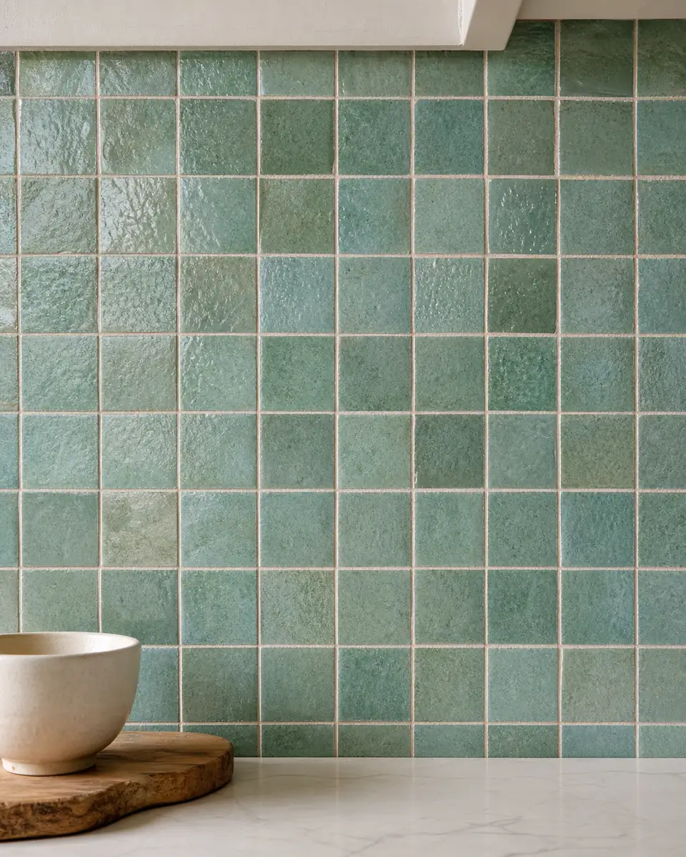 Handmade-look sea-green zellige backsplash tile with soft glaze variation, close detail