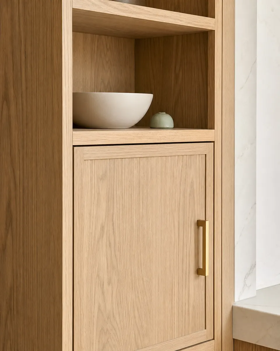 Light oak cabinet front beside open oak shelving, close detail