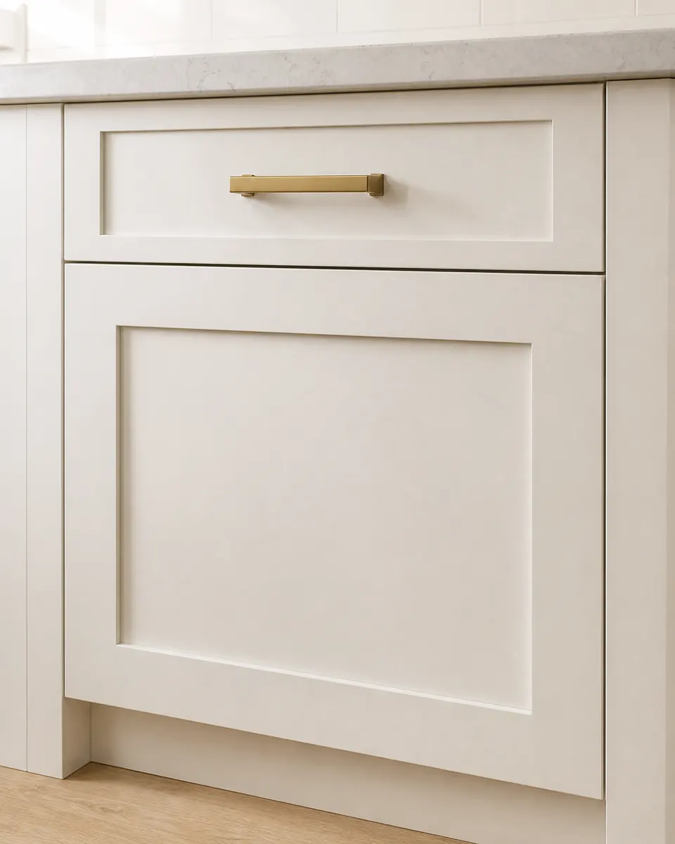 White shaker cabinet door with a slim brass pull, close detail