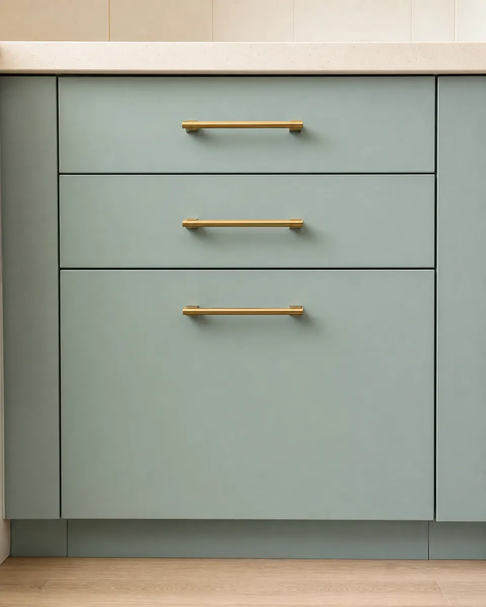 Pale quartz countertop meeting slab-front oak cabinetry in soft morning light