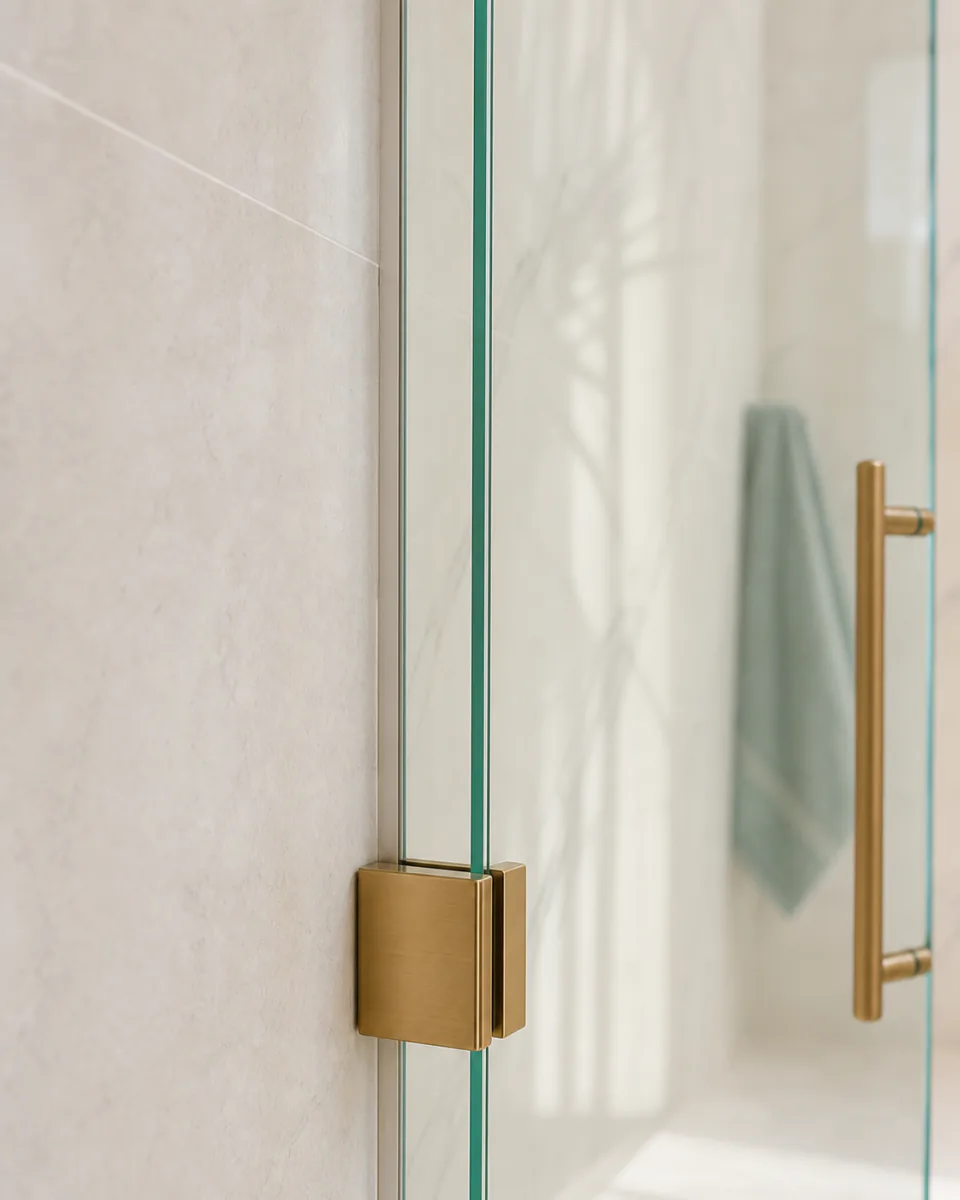 Frameless glass shower panel edge with a brushed brass hinge and pull