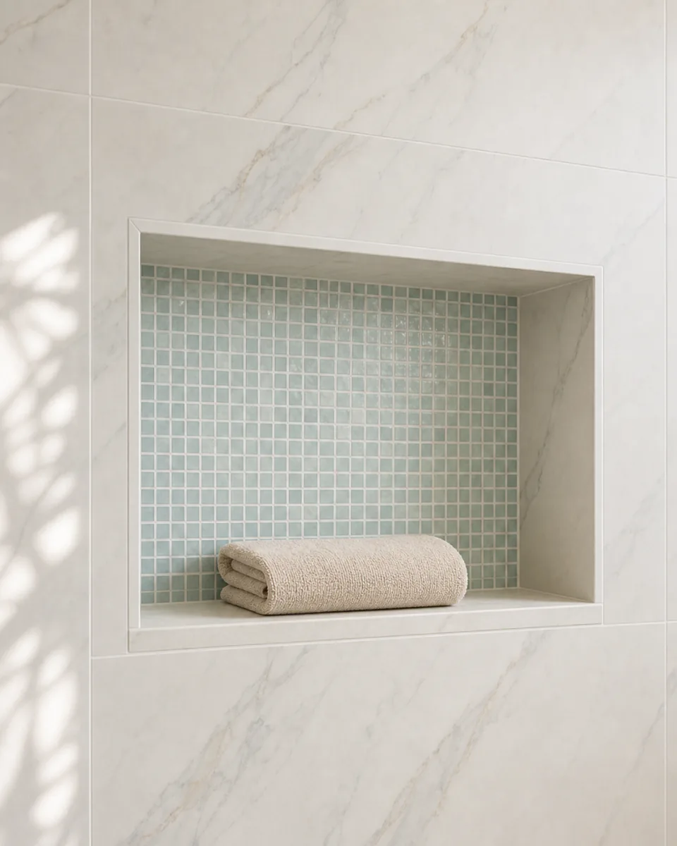 Recessed shower niche with a sea-glass mosaic back and a folded towel on the shelf
