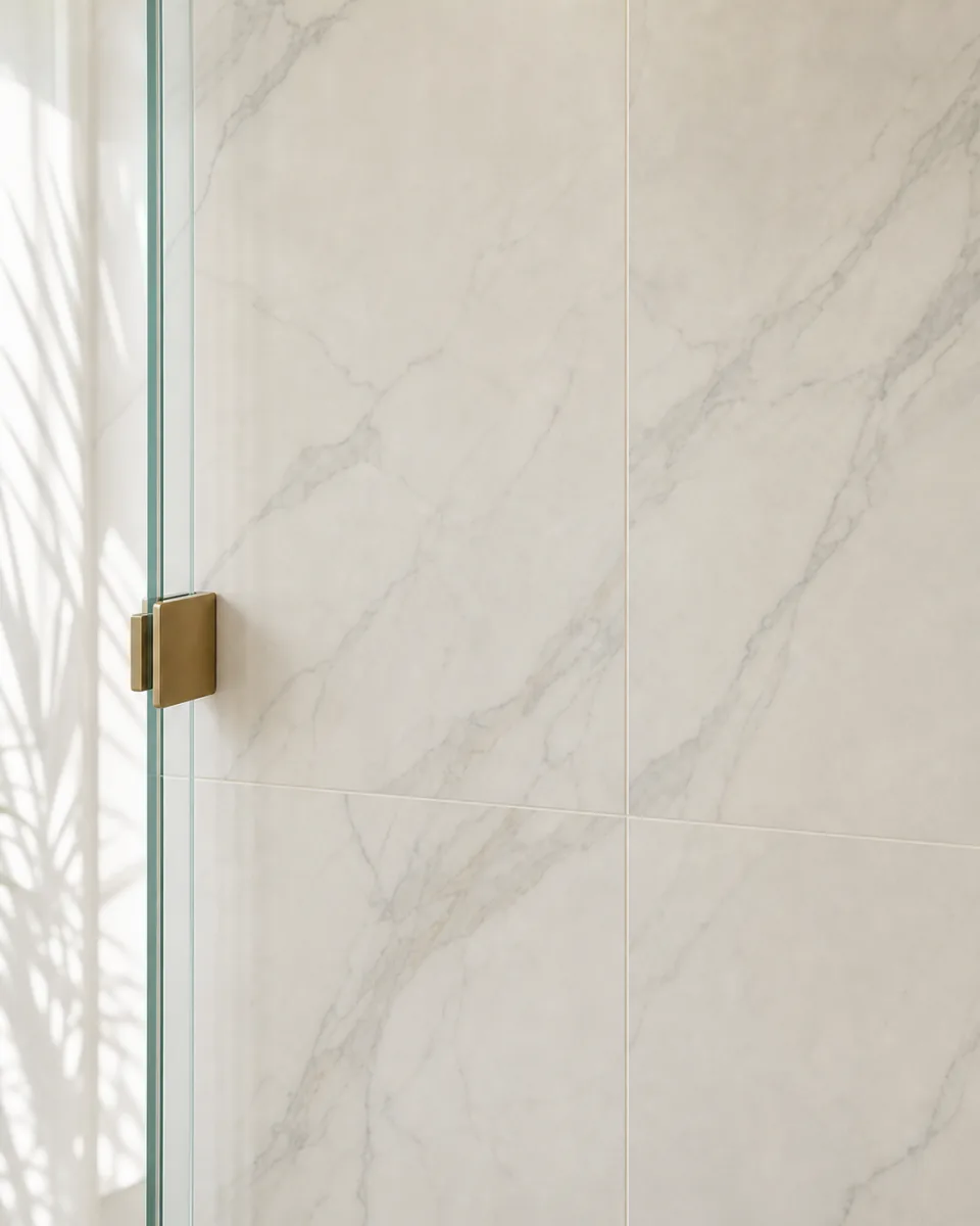 Large-format marble-look porcelain shower wall with tight grout lines beside a glass panel