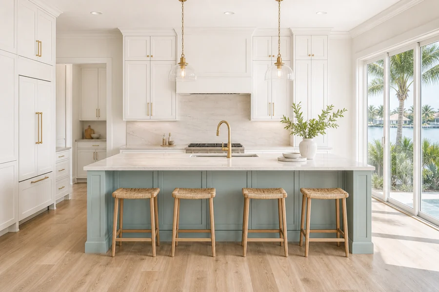 Coastal kitchen with a seafoam island, woven barstools, and brass pendants overlooking palms
