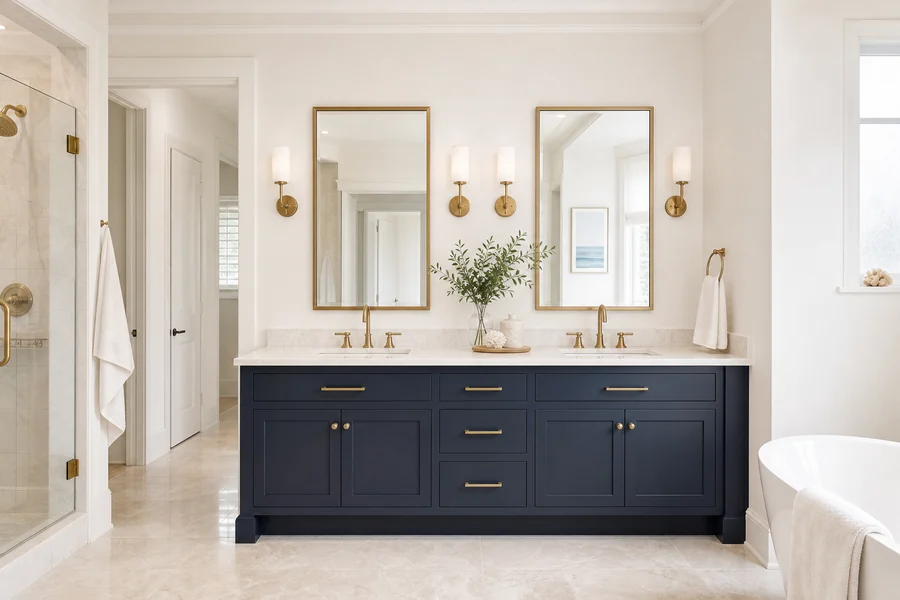 Bathroom with a navy double vanity, quartz countertop, brass mirrors and sconces
