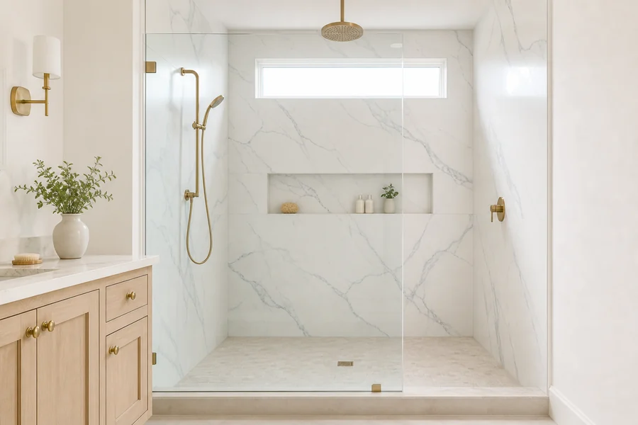 Walk-in shower in marble-look porcelain slab with brass rain fixture and glass door