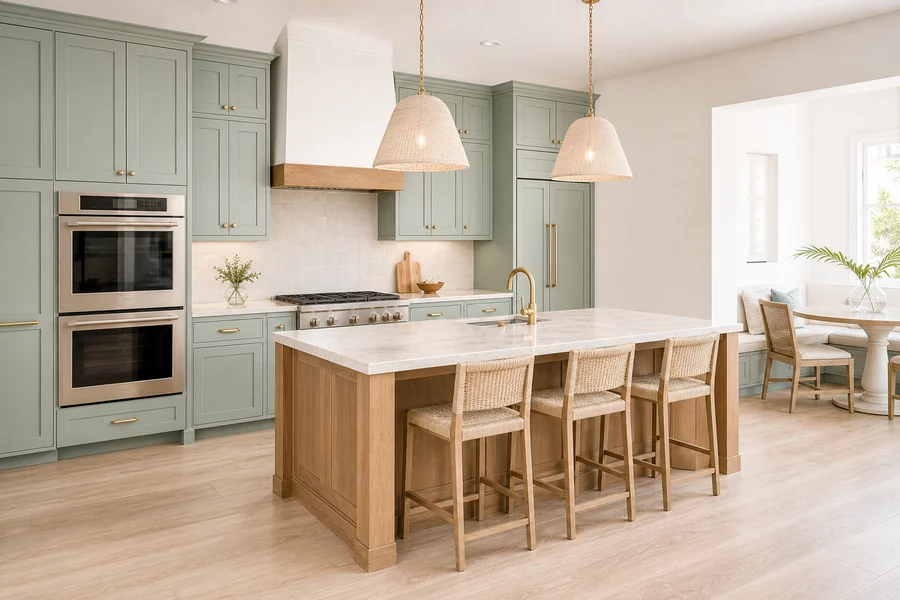Kitchen with sage-green cabinets, oak island, and woven pendant lights