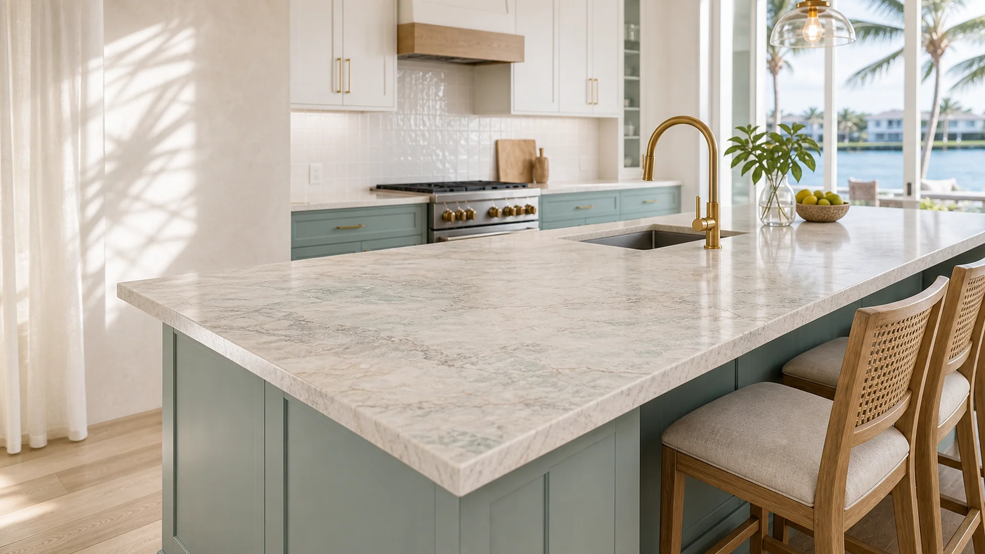 Quartzite countertop island with dramatic veining under brass pendants in a coastal kitchen