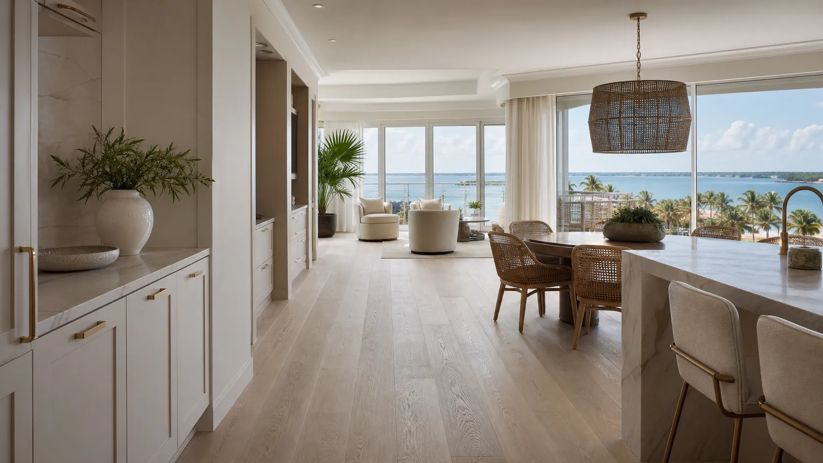 Upscale Fort Myers Beach condo interior with wide Gulf views, pale flooring, and a contemporary kitchen
