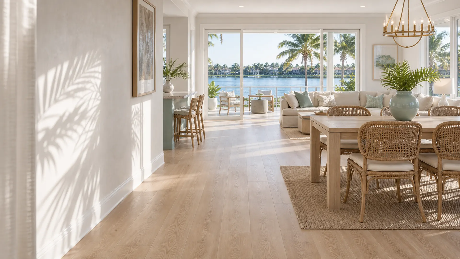 Open coastal living and dining room with wide-plank flooring and sliders to palms and a waterway