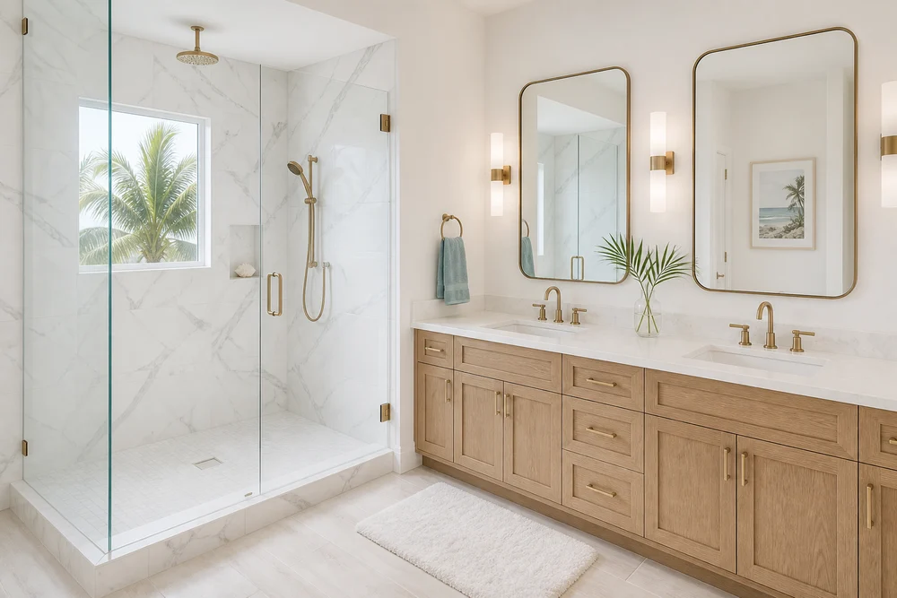 Bathroom with marble-look walk-in shower, glass enclosure, and light wood double vanity with brass fixtures