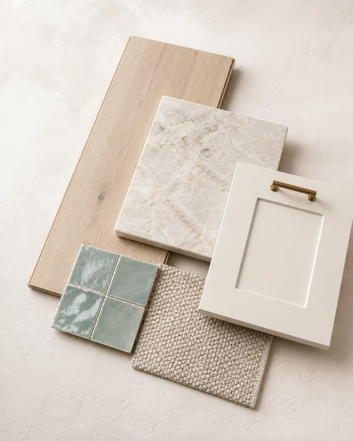 A curated material arrangement of pale wood flooring, veined stone, sea-glass tile, warm-white cabinetry, and neutral carpet