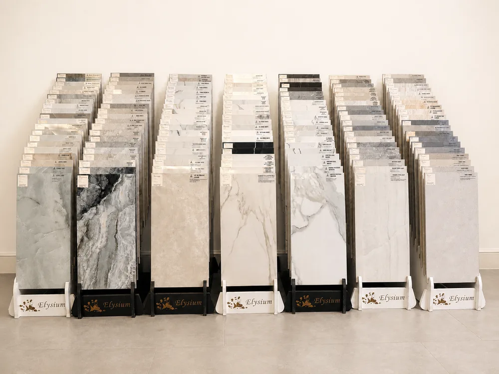 Rows of stone and tile samples inside the Classic Floors showroom