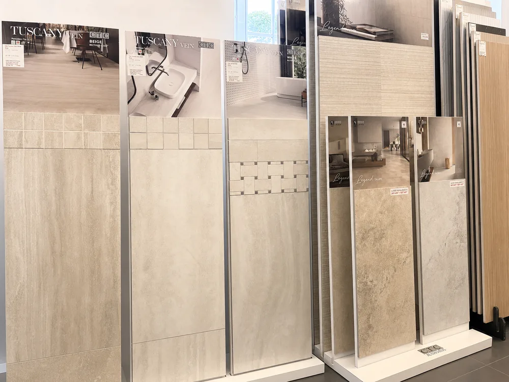 Tall decorative tile panel display inside the Classic Floors showroom