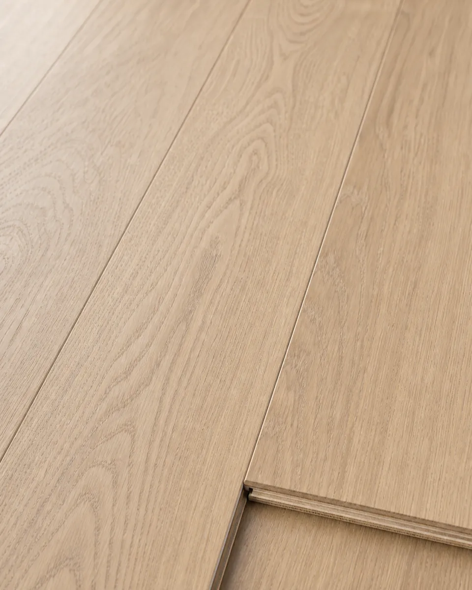Engineered hardwood plank surface in warm natural oak, close detail
