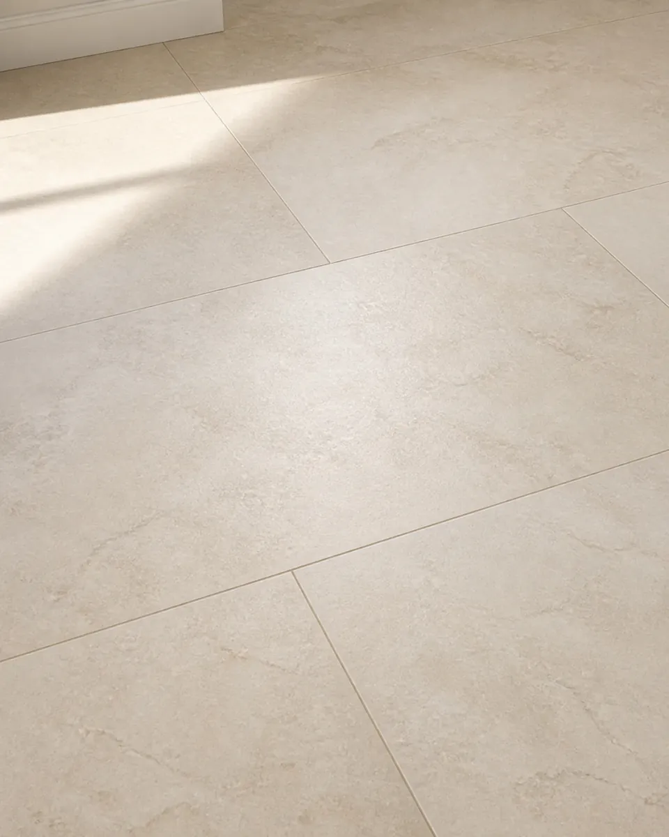 Large-format porcelain floor tile in a soft warm stone tone, close detail