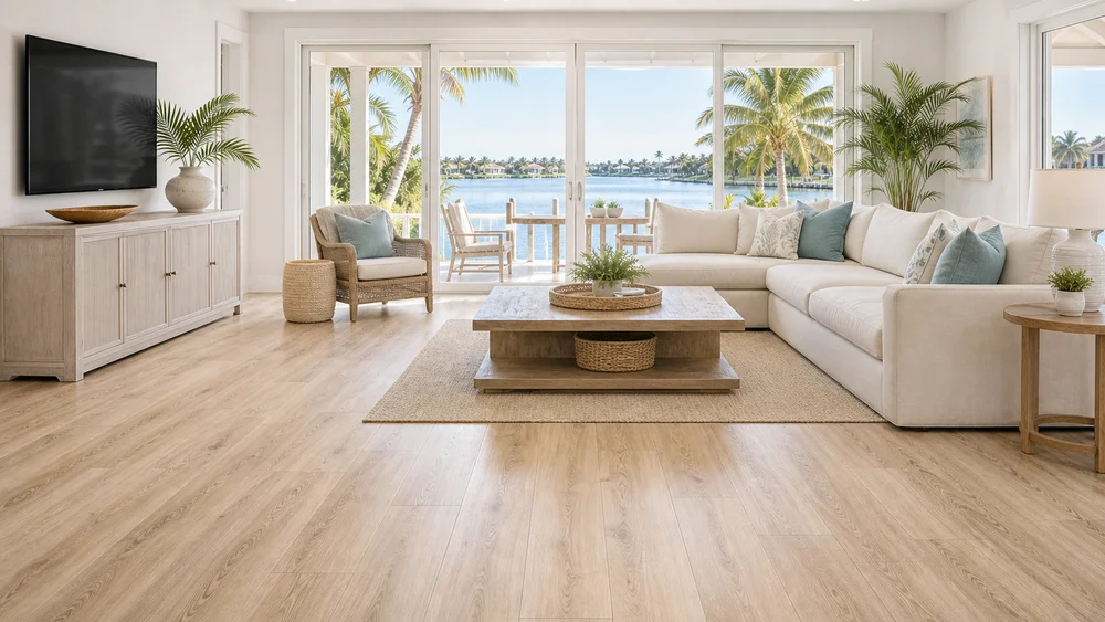 Bright coastal living room with pale waterproof vinyl plank flooring and palm-lined water views